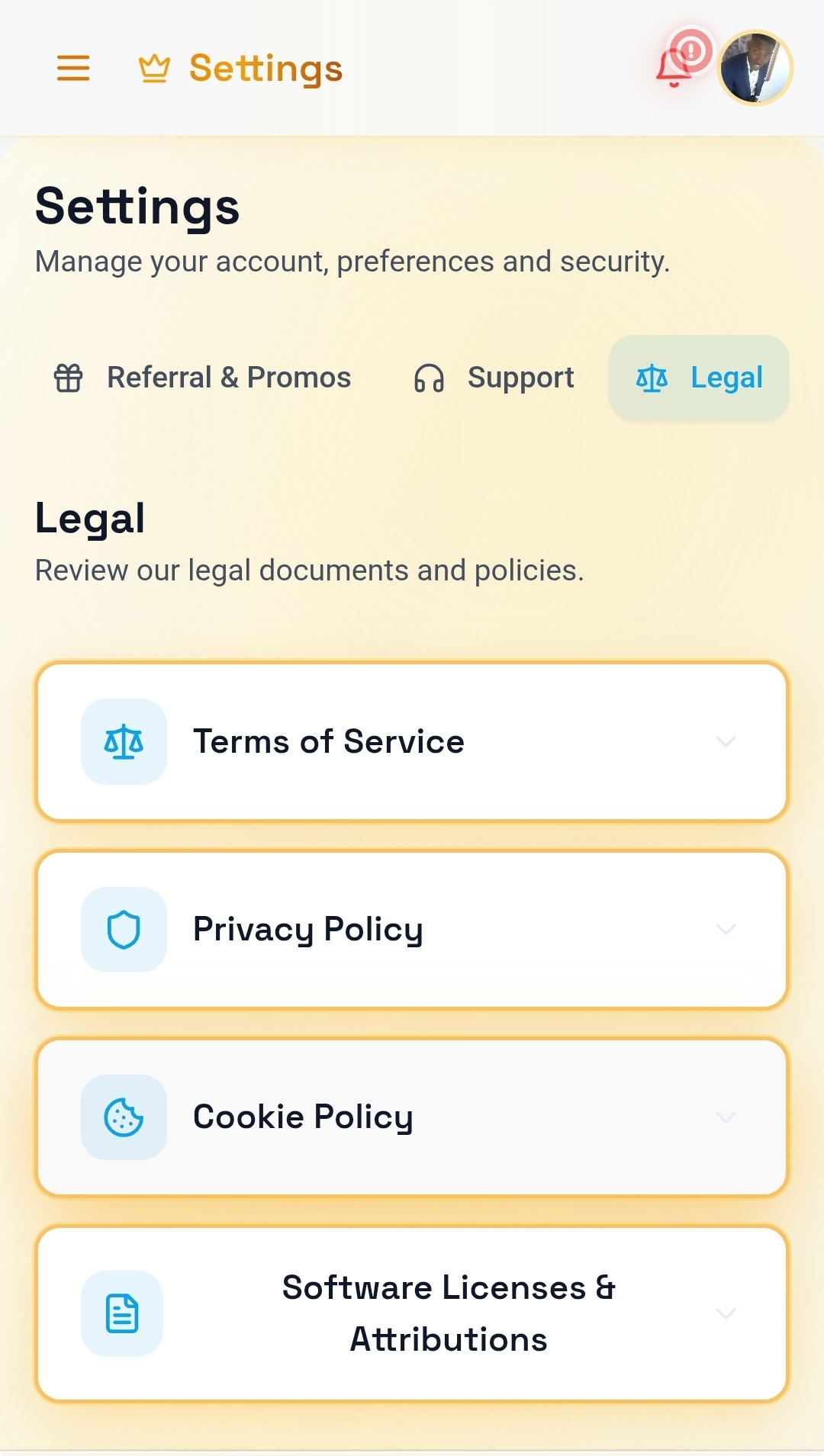 Settings — Legal overview